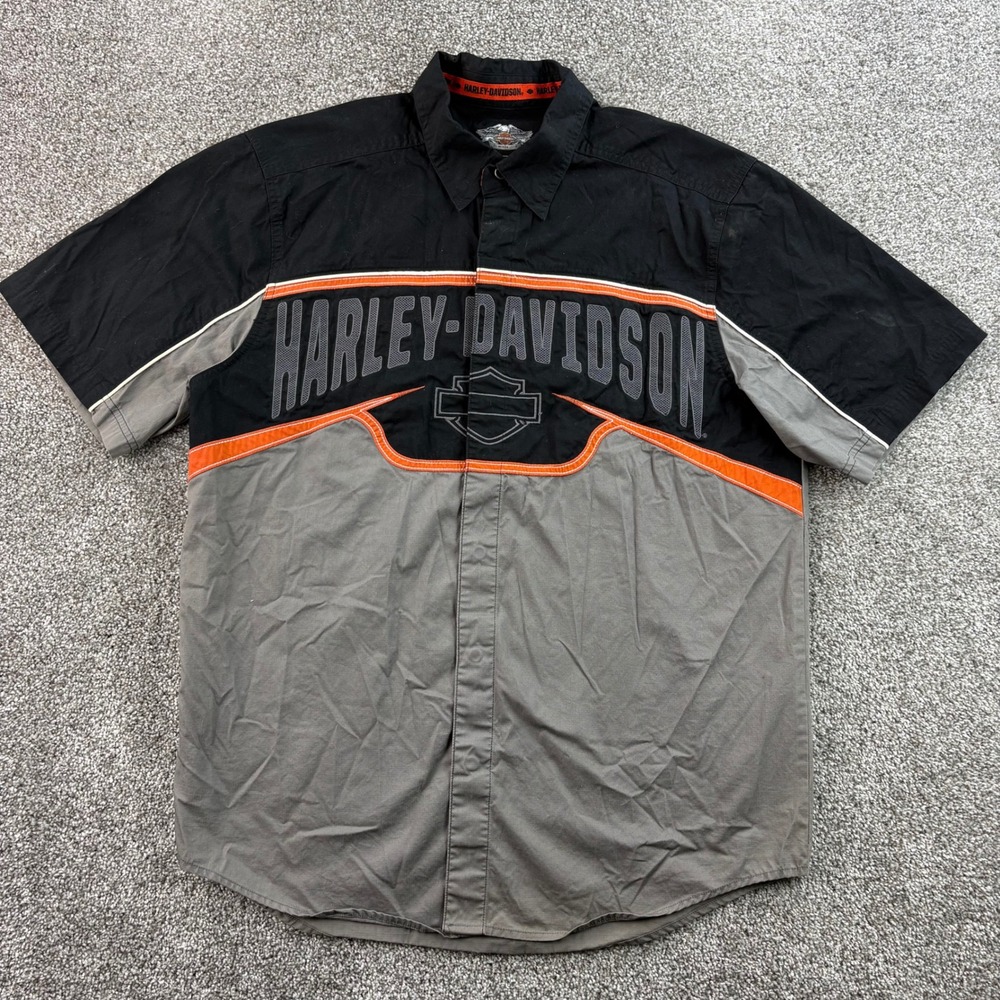 Vintage Harley Davidson Shirt Mens L Black Grey Cotton Biker Embroidered Button